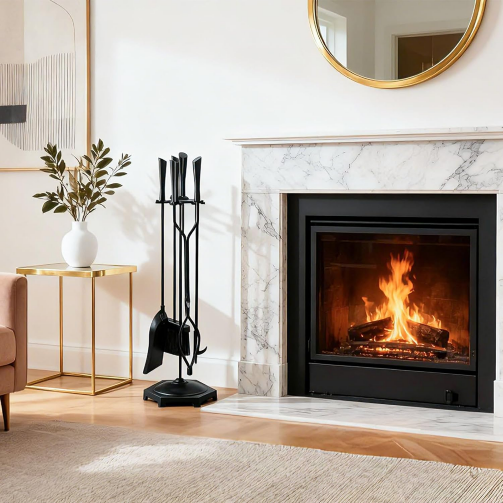 FEED GARDEN Fireplace Tools Set 5 Pieces Modern 32 Inch Outdoor Wrought Iron Fireplace Accessories Set with Log Holder Poker Tong Shovel Brush Base Black