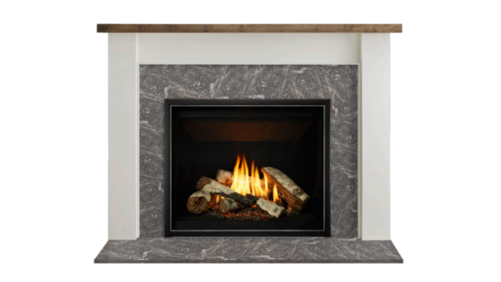 Laurel Mantel Transitional Style shown with Blue Tundra Marble